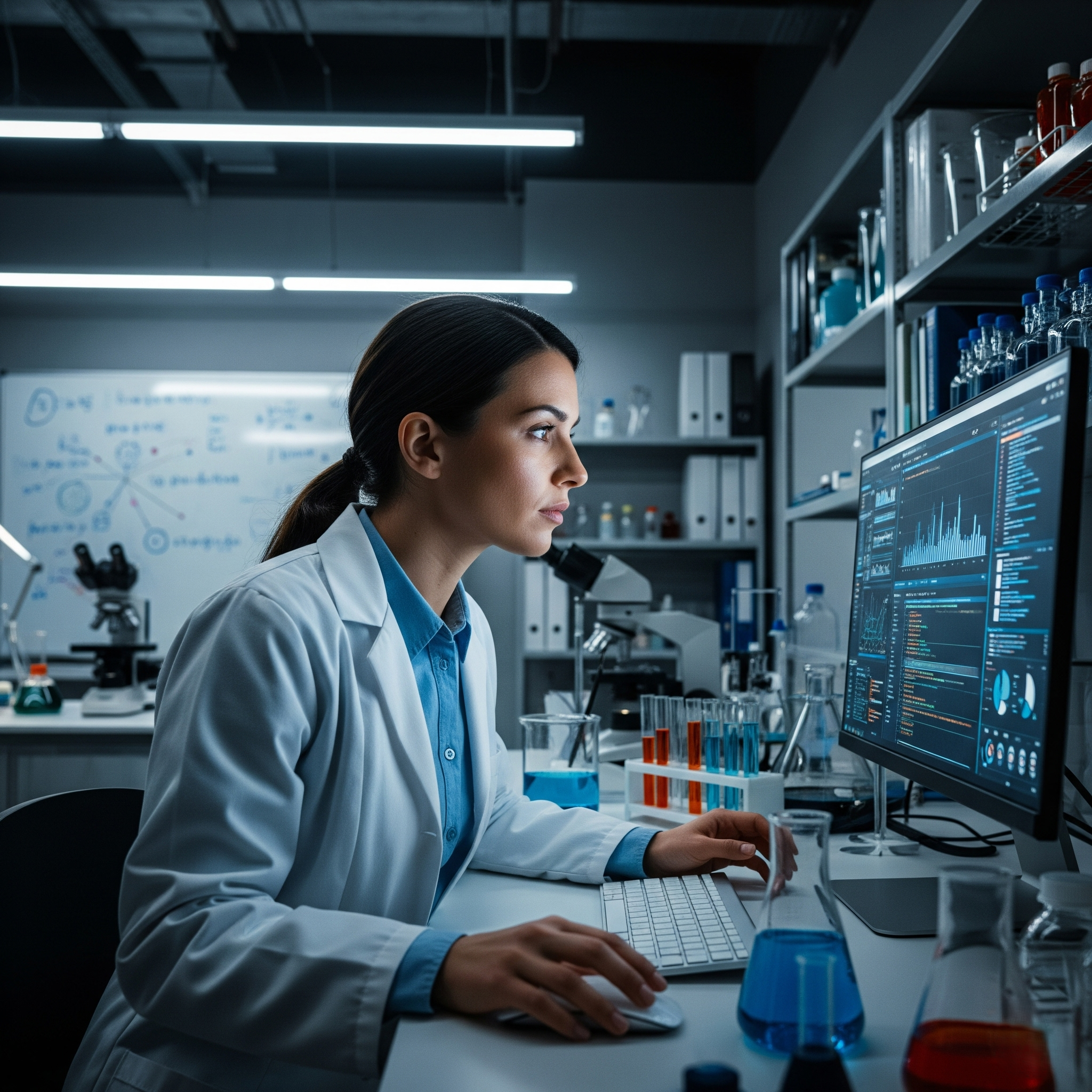 Researcher analyzing data on a computer in a lab