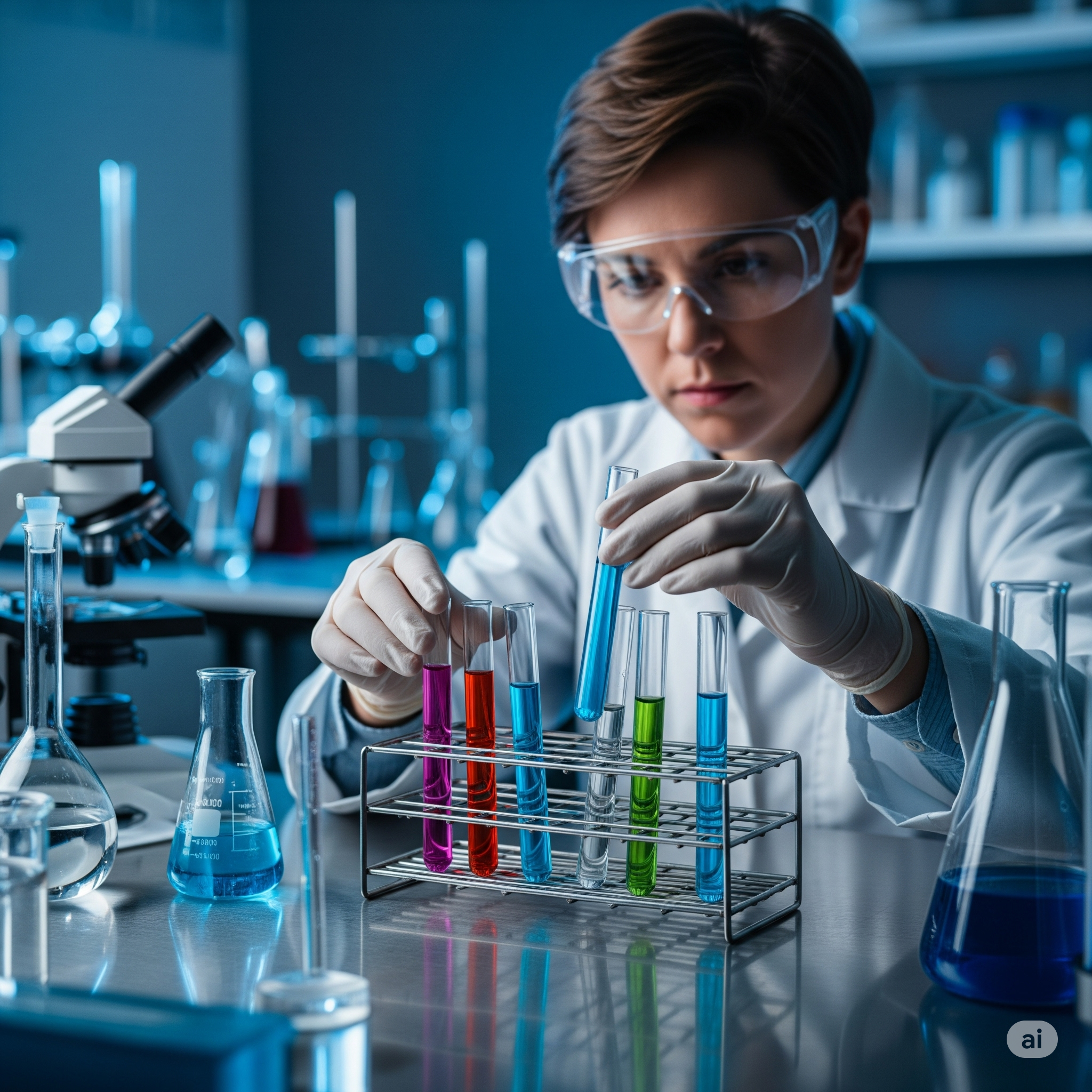 Scientist handling test tubes in a rack